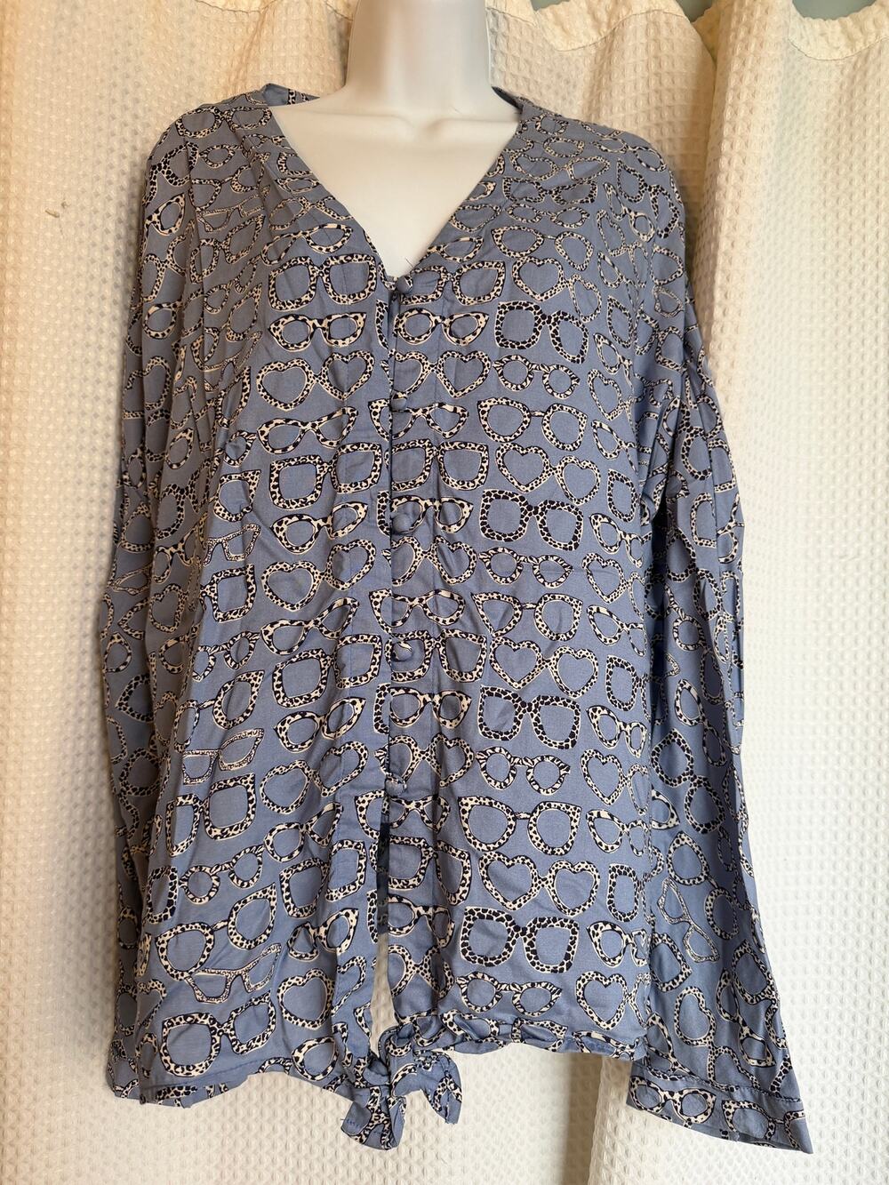 BeachLunchLounge Leopard Eyeglass Print Blouse XL Blue Tie Front